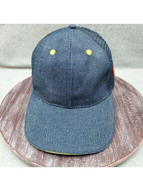 McDonalds Denim Mesh Trucker Hat With Snapback Closure Navy Blue Yellow Accents